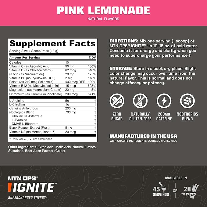 MTN OPS Ignite Sugar Free Energy Drink Powder Trail Packs with 200mg Caffeine, Travel Pre Workout Packets for to-Go Energy, Nootropic Blend, L Arginine & L Citrulline, 20 Servings, Pink Lemonade