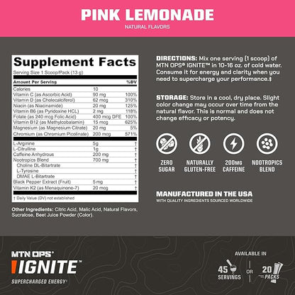 MTN OPS Ignite Sugar Free Energy Drink Powder Trail Packs with 200mg Caffeine, Travel Pre Workout Packets for to-Go Energy, Nootropic Blend, L Arginine & L Citrulline, 20 Servings, Pink Lemonade