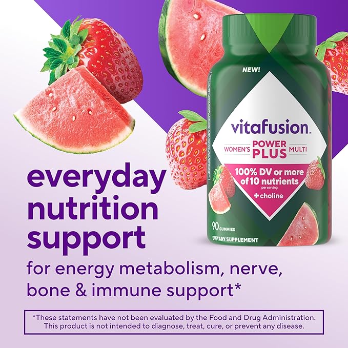vitafusion Power Plus Women’s Multivitamin Gummies, 100% Daily Value or More of 10 Nutrients, Helps Support Nerve, Energy Metabolism, Bone & Immune Health, Strawberry & Watermelon Flavor, 90 Count