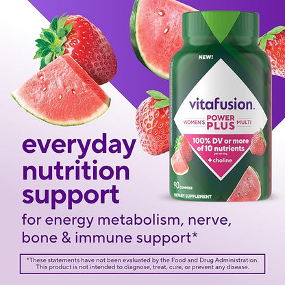 Vitafusion Power Plus Women’s Multivitamin Gummies,100% Daily Value or More of 10Nutrients,HelpsSupport Nerve,Energy Metabolism,Bone & Immune Health,Strawberry & Watermelon Flavor,90 Count (Pack of 2)