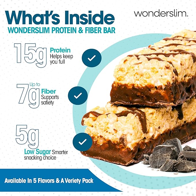 Wonderslim High Fiber Protein Bars, Fluffy S'more Crisp | 15g Protein, 8g Fiber | Low Sugar, Low Carb | Healthy Indulgence | Satisfying, Supports Energy & On-the-Go Convenience, 7 Pack