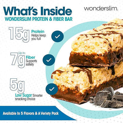Wonderslim High Fiber Protein Bars, Fluffy S'more Crisp | 15g Protein, 8g Fiber | Low Sugar, Low Carb | Healthy Indulgence | Satisfying, Supports Energy & On-the-Go Convenience, 7 Pack