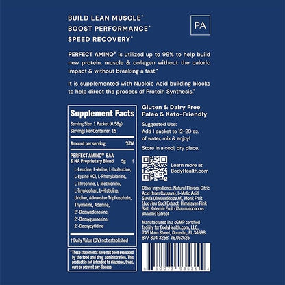 BodyHealth PerfectAmino Powder - BCAA and EAA Powder for Pre and Post Workout - Amino Acid Energy Drink for Men and Women to Support Lean Muscle and Recovery - Mixed Berry - Stick Packs - 15 Servings