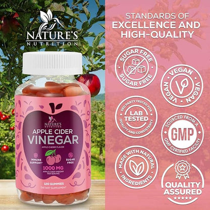 Apple Cider Vinegar Gummies 1000mg Per Serving - Sugar Free ACV Gummy Vitamins Supplement with Vitamin B12 for Energy - Keto Friendly Digestion, Detox, Cleanse Support, Vegan, Non-GMO - 120 Gummies