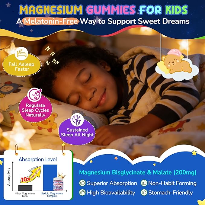 Kids Magnesium Glycinate Gummies + Calcium + Omega 3 - Kids Sleep & Calm Gummies, Melatonin Free Magnesium Gummies + L-theanine, B6, D3 & K2, Zinc, C for Restful Sleep, Bones, Brain & Immunity, 2 Pack