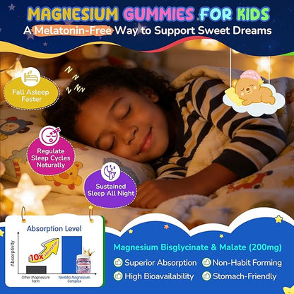 Kids Magnesium Glycinate Gummies + Calcium + Omega 3 - Kids Sleep & Calm Gummies, Melatonin Free Magnesium Gummies + L-theanine, B6, D3 & K2, Zinc, C for Restful Sleep, Bones, Brain & Immunity, 2 Pack