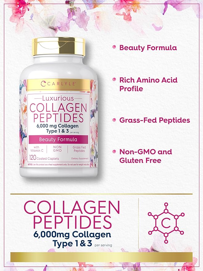 Carlyle Collagen Peptides with Vitamin C | 6000mg | 120 Caplets | Grass Fed Type II & III | Beauty Formula | Non-GMO, Gluten Free Supplement