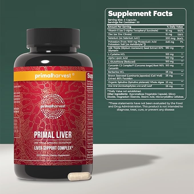 Primal Harvest Primal Liver Liver Supplement with, Alpha-Lipoic Acid, L-Cysteine HCL, L-Glutathione, Milk Thistle, and Spirulina, for Men and Women, 120 Capsules