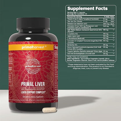 Primal Harvest Primal Liver Liver Supplement with, Alpha-Lipoic Acid, L-Cysteine HCL, L-Glutathione, Milk Thistle, and Spirulina, for Men and Women, 120 Capsules