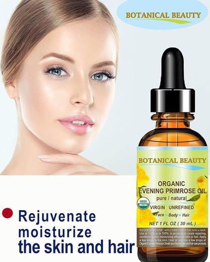 Botanical Beauty Organic EVENING PRIMROSE OIL 100% Pure Natural Undiluted Unrefined Virgin Cold Pressed Carrier Oil. 0.5 Fl.oz.- 15 ml for face, skin, hair, nails