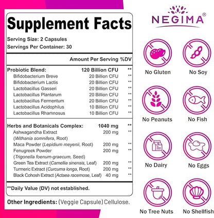 Negima Menopause Supplements for Women, 120 Billion CFUs Probiotics for Women, 13-in-1 Herbs & Botanicals Complex, for Hormone Menopause, Hot Flashes, Night Sweats, Mood Swings, Sleep - 120 Capsules