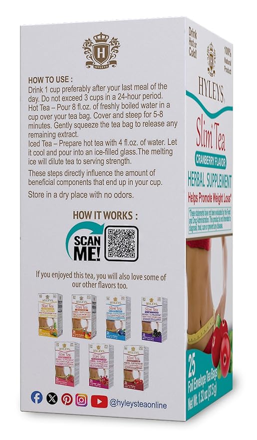 Hyleys Slim Tea Cranberry Flavor - Weight Loss Herbal Supplement Cleanse and Detox - 25 Tea Bags (12 Pack)