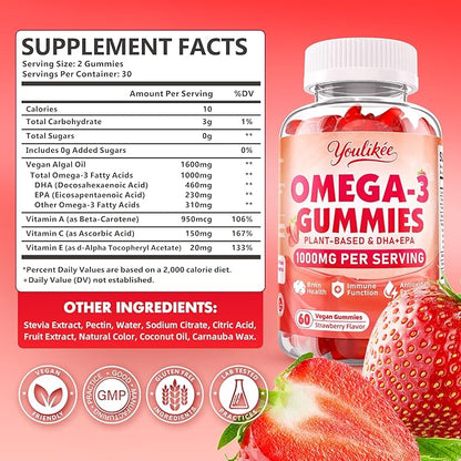 Vegan Omega-3 Gummies 1000mg, Omega 3 Fish Oil Alternative for Adults, Plant Based DHA 460mg & EPA 230mg w/Vitamin A, C, E - Supports Immune Function, Sugar Free, Strawberry Flavor, 60 Count
