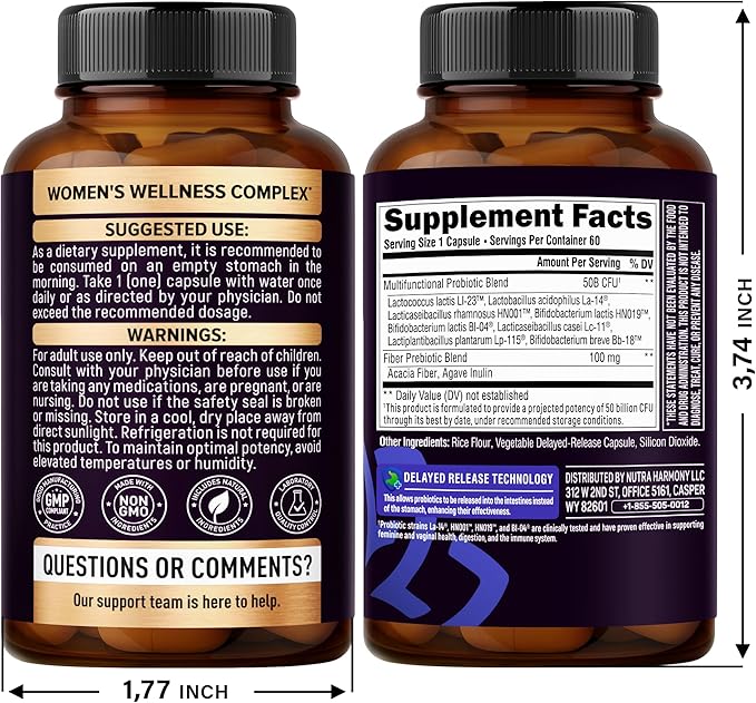 Probiotics for Women 50 Billion CFU - Vaginal Probiotics Clinically Proven for Yeast & pH Balance - Digestion & Bloating Relief - 8 Strains + Prebiotics - Delay Release - Made in USA, 60 Capsules