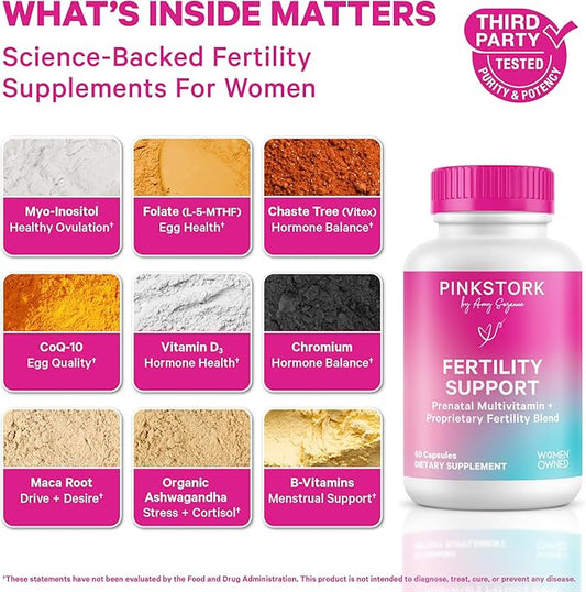 Pink Stork Fertility Supplements for Women - Prenatal Multivitamin with Ovulation, Conception, & Hormone Balance Support - 17 Vitamins & Inositol, Ashwagandha, & Vitex - 120 Capsules