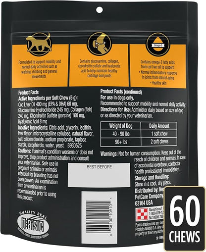 Purina Pro Plan Veterinary Large Breed Dog Joint Care Supplement with Glucosamine, Chondroitin, and Collagen to Support Hip and Joint Health – 60ct Pouch
