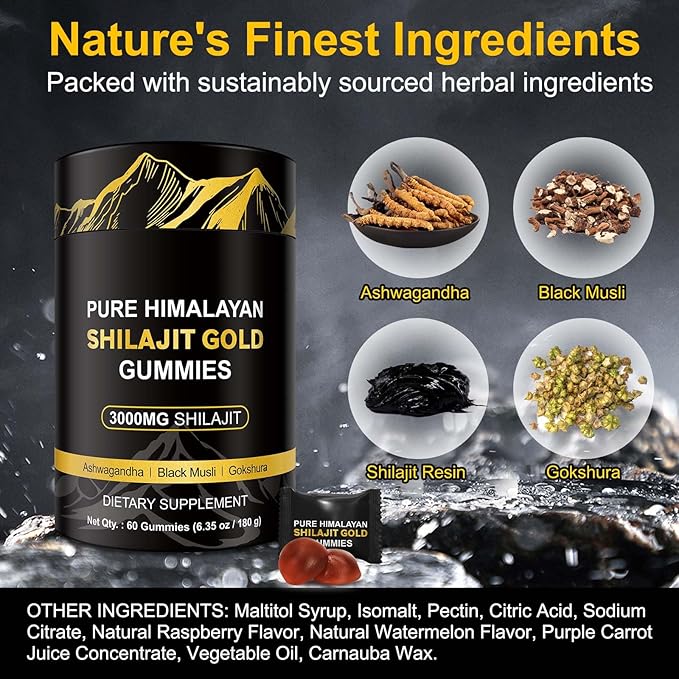 Shilajit Gummies, 3000mg Himalayan Shilajit Gold Gummies with Ashwagandha,Black Musli, Gokshura for Men & Women, Non-GMO & Gelatin Free, 60-Count