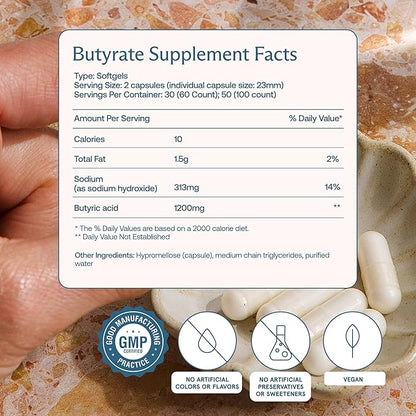 BodyBio Butyrate - Postbiotic for Gut Health, Digestive Support, Bloat, Gas & Constipation Relief, Leaky Gut Repair - Sodium + Butyric Acid Supplement for GI Wellness