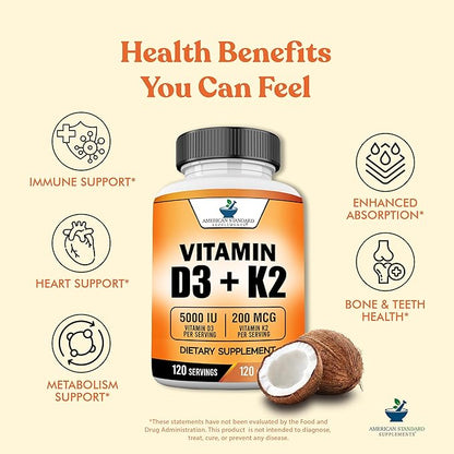 American Standard Supplements Vitamin D3 5000 IU (125mcg) Plus Vitamin K2 (MK7) 200mcg Per Capsule - Gluten Free, Non-GMO, 120 Capsules, 120 Servings, 120 Day Supply
