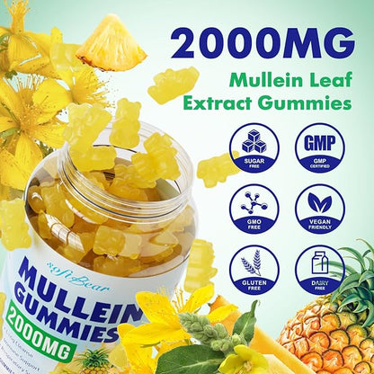 softbear 2PCS Mullein Gummies for Lungs, 2000mg Mullein Leaf Extract Supplement for Respiratory & Digestive & Immune Support, Organic, Vegan, Sugr-Free, Pieneapple Flavor 120 Count