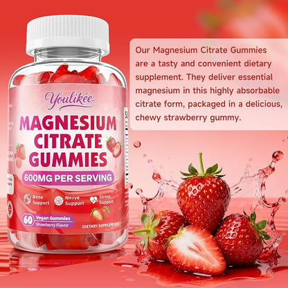 Magnesium Citrate Gummies, High Absorption Magnesium Gummies for Adults, Magnesium Supplement to Support Natural Relaxation, Vegan, Sugar-Free, Strawberry Flavor, 60 Count