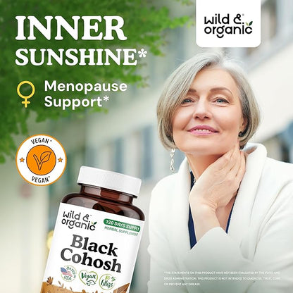 Wild & Organic Black Cohosh Capsules 540 mg - Menopause Supplements for Women - Black Cohosh Herb - 120 Days of Supply - Vegan, No Fillers, Non-GMO - 120 Count
