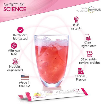AgelessLX Powder Supplement for Women - with HMB Collagen Enhancer Plus Vitamin D3 with K2, Horsetail and Biotin for Lean Muscle and Stronger Hair and Nails - 30 Powder Packets Strawberry Lemonade