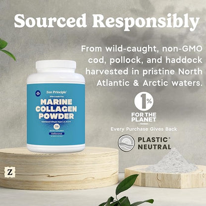 Zen Principle Marine Collagen Peptides Powder 1.5 lb. Wild-Caught Fish, Non-GMO. Supports Healthy Skin, Hair, Joints and Bones.Hydrolyzed Types I, II, III, and IV Protein. Amino Acids. Easy to Mix.
