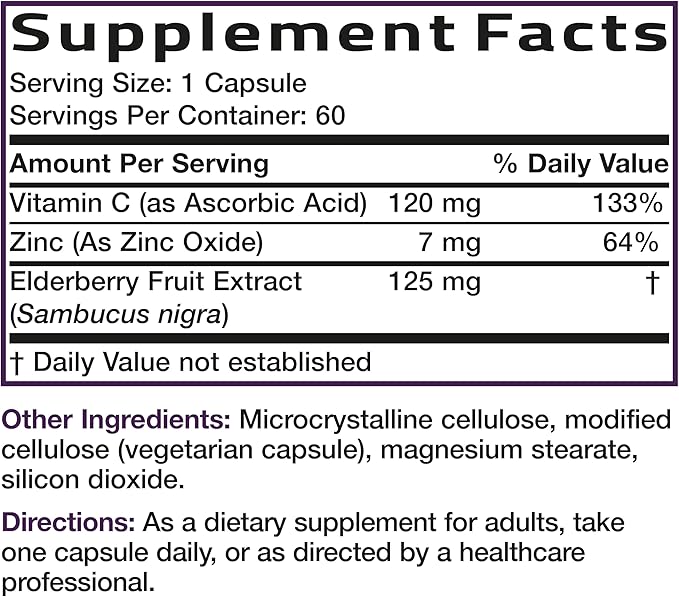 Bronson Sambucus Elderberry with Zinc & Vitamin C Triple Immune Support Complex Immune & Antioxidant Protection, Non-GMO, 60 Vegetarian Capsules