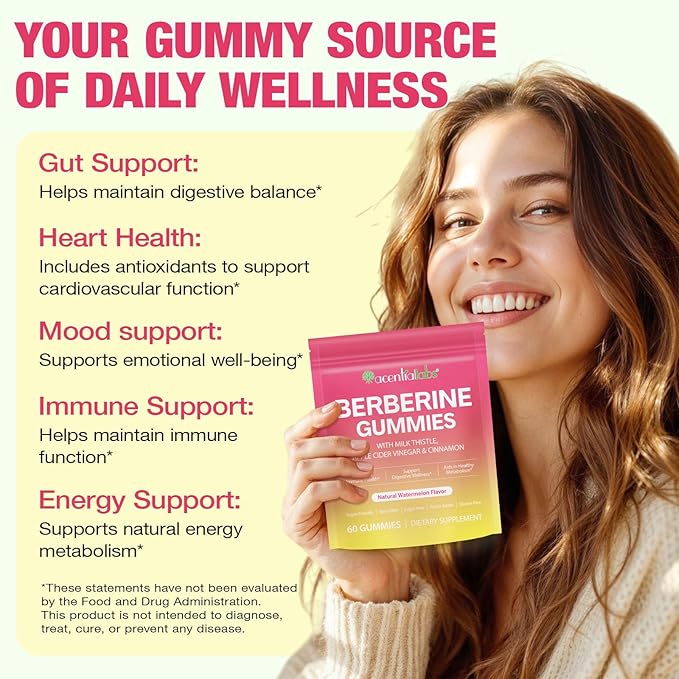 NIFEISHI Berberine Supplement, (Sugar-Free) Berberine Gummies with Ceylon Cinnamon, Milk Thistle for Metabolism, Energy, Gut Health, Vegan, Non-GMO, Gluten Free - Watermelon Flavor 60 Gummies