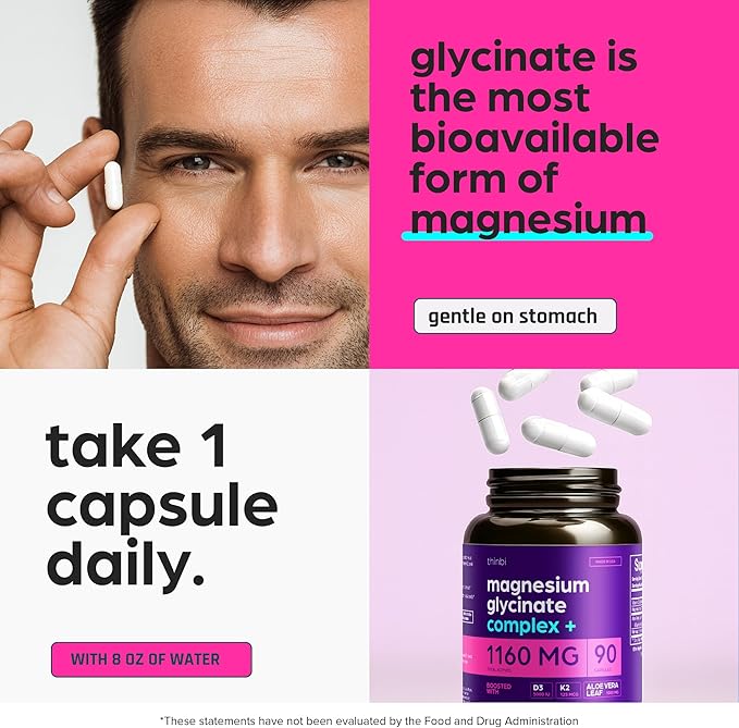 Magnesium Glycinate 1160mg + Aloe Vera, D3 & K2 Complex 90 Capsules - High Absorption, Non-Laxative - Supports, Muscle Function & Healthy Metabolism Chelated Formula