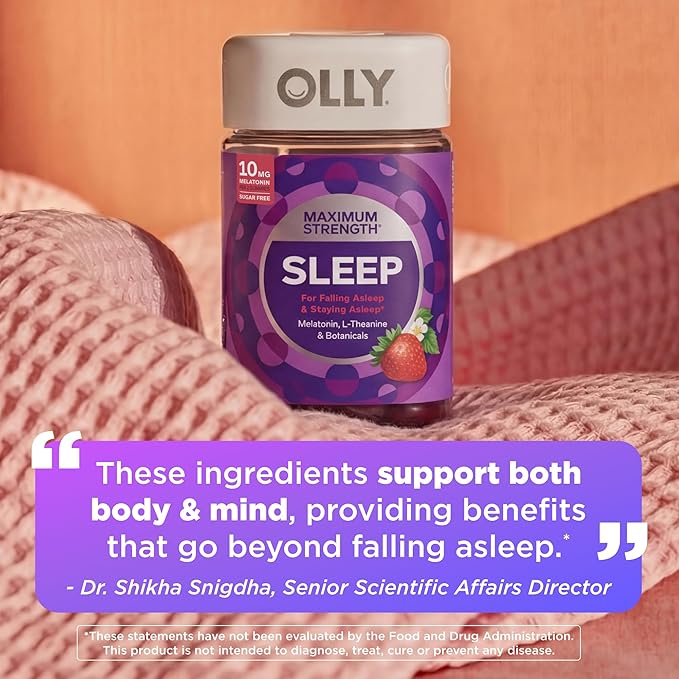 OLLY Max Strength Sleep Gummy, 10mg Melatonin, L-Theanine, Chamomile, Lemon Balm, Sugar Free, Vegetarian Sleep Aid, Strawberry - 70 Count