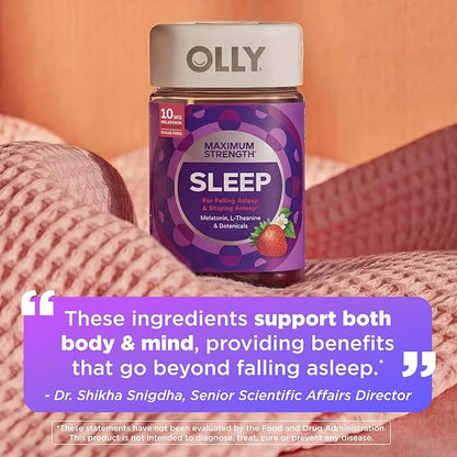 OLLY Max Strength Sleep Gummy, 10mg Melatonin, L-Theanine, Chamomile, Lemon Balm, Sugar Free, Vegetarian Sleep Aid, Strawberry - 70 Count