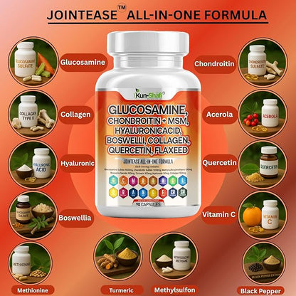 Glucosamine Chondroitin MSM Supplement – with Hyaluronic Acid, Collagen, Boswellia, Turmeric, Quercetin & Flaxseed – Joint Support Complex for Mobility & Flexibility for Men & Women – 90 ct