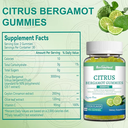 Citrus Bergamot Gummies 3000mg, Bergamot Supplement for High Cholesterol, Cholesterol Lowering Supplement for Heart, Immune System & Anti-Aging, Sugar Free Vegan 120 Gummies