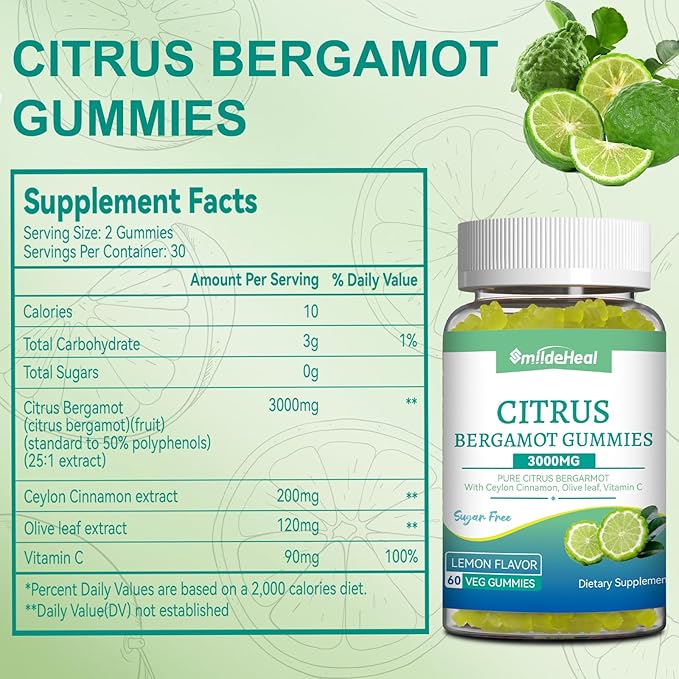 Citrus Bergamot Gummies 3000mg, Bergamot Supplement for High Cholesterol, Cholesterol Lowering Supplement for Heart, Immune System & Anti-Aging, Sugar Free Vegan 60 Gummies