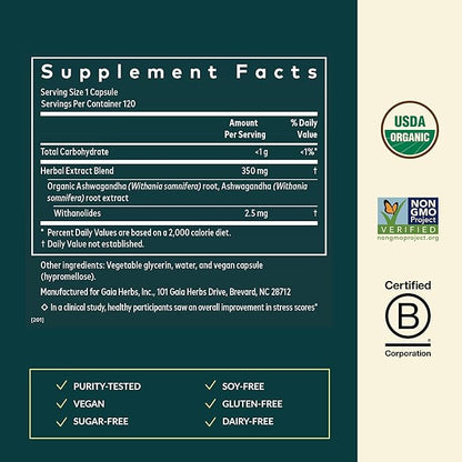Gaia Herbs Ashwagandha Root - Stress Relief & Sleep Support Supplement - Supports Balanced Energy Levels & Positive Outlook* - 120 Vegan Liquid Phyto-Caps (60 Servings)