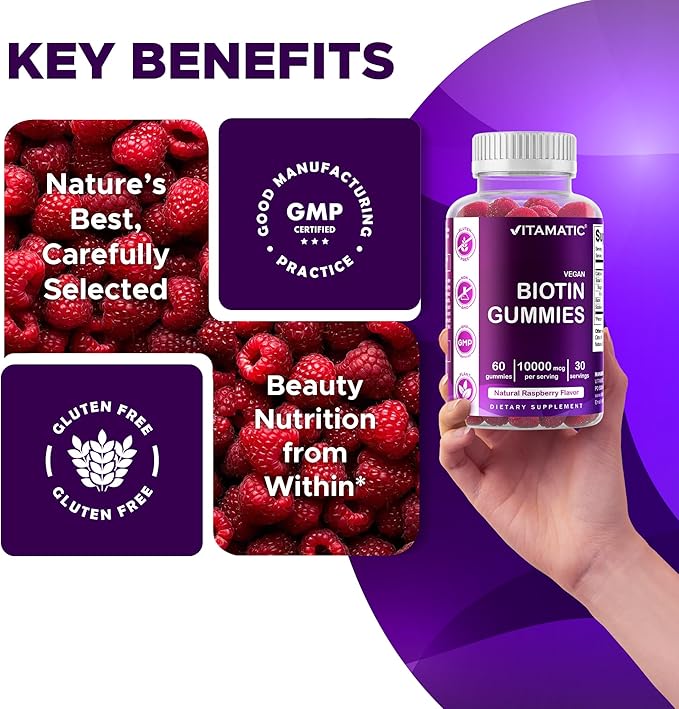 Vitamatic Biotin Gummies 10,000 mcg for Stronger Hair, Skin & Nails - 60 Vegan Gummies - Also Called Vitamin B7 (2 Bottles)