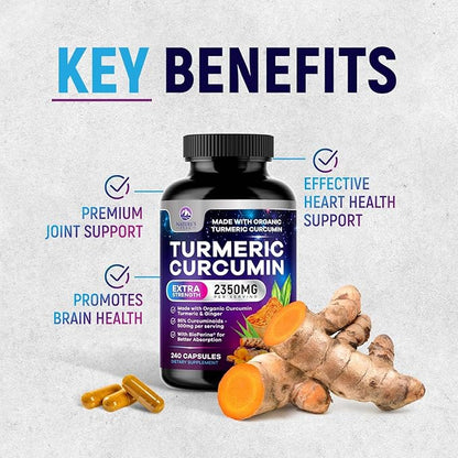 Turmeric Curcumin Supplement - 1750mg Organic Turmeric Per Serving - 95% Curcuminoids, Ginger & BioPerine Black Pepper for Best Absorption - Natural Vegan Joint Support, Bottled in USA - 240 Capsules