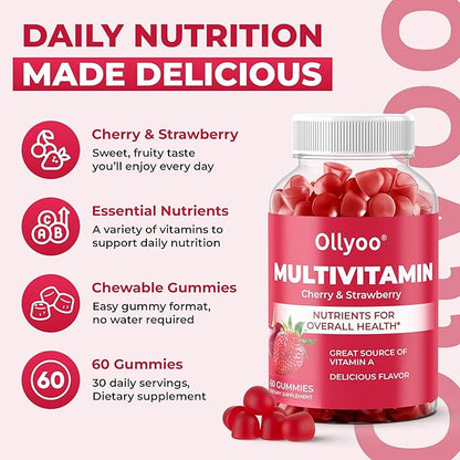 Adult Multivitamin Gummies for Men & Women, Vitamins A, C, D, E, B6, B12, Biotin, Folic Acid, Cherry & Strawberry Flavor, Supports Overall Health, 60 Count
