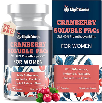72mg PAC, Cranberry Pills for Women - Organic Cranberry Juice Extract Plus 1000mg D-Mannose, Supports Urinary Tract Health, Cranberry Supplement - 90 Capsules