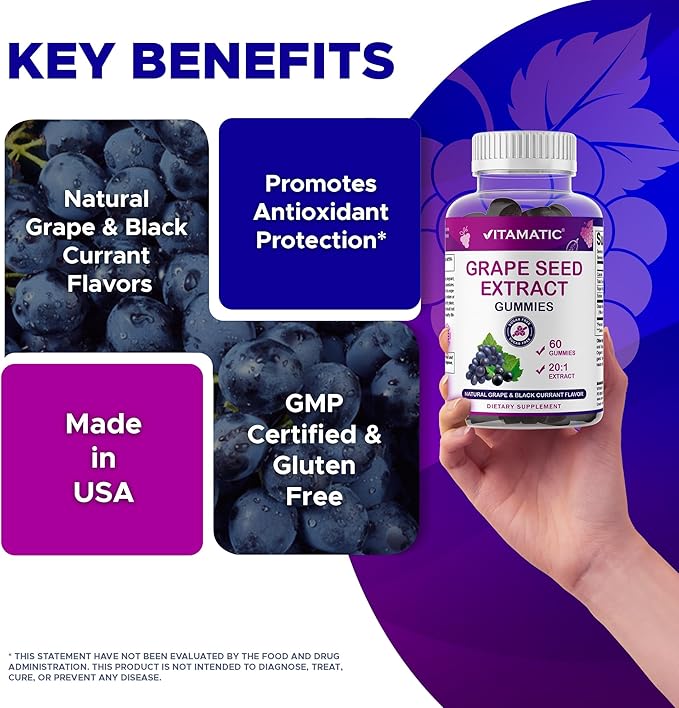 Vitamatic Grape Seed Extract Gummies – Plant-Based Botanical Extract – Natural Grape & Black Currant Flavor – Vegan, Non-GMO – Herbal Supplement – 60 Gummies - 2 Pack