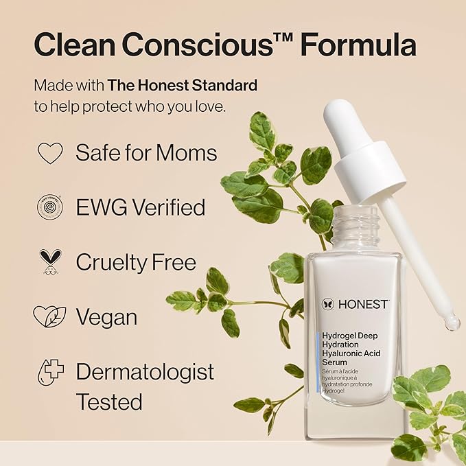 Honest Beauty Hydrogel Deep Hydration Hyaluronic Acid Serum, Moisturizes Plumps, Hypoallergenic, Fragrance-Free, Vegan, Gentle for Sensitive Skin, 1 fl oz