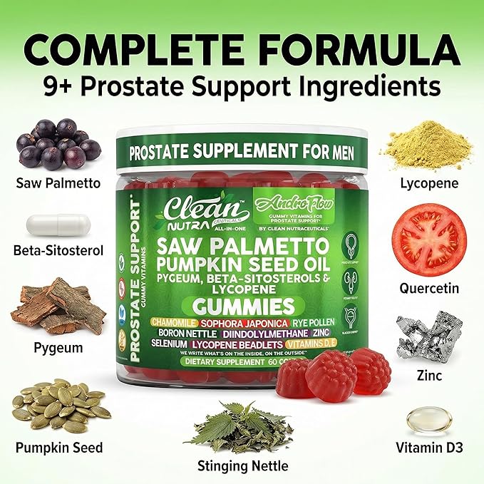 AndroFlow Saw Palmetto and Pumpkin Seed Oil Prostate Health Supplements for Men Pygeum Beta Sitosterol Lycopene Boron Zinc Selenium DIM Stinging Nettle Vitamin D, 60 Gummy Supplements By Clean Nutra