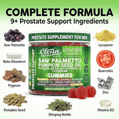 AndroFlow Saw Palmetto and Pumpkin Seed Oil Prostate Health Supplements for Men Pygeum Beta Sitosterol Lycopene Boron Zinc Selenium DIM Stinging Nettle Vitamin D, 60 Gummy Supplements By Clean Nutra