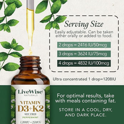 Live Wise Naturals Vitamin D3 K2 (MK-7) Peppermint Drops for Adults - 930 Drops, Ultra Concentrated Formulation, 1208 IU Vitamin D3, 25 MCG - Precision Micro-Dosing Dropper for Calcium & Bone Support