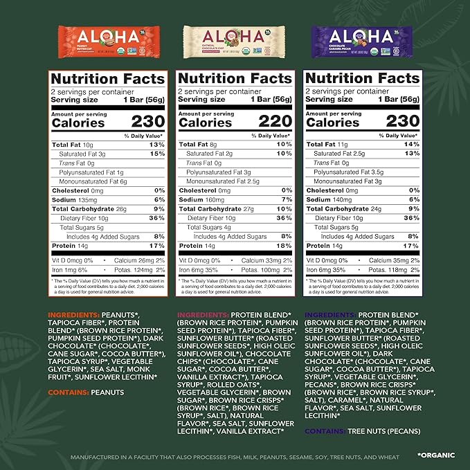 ALOHA Organic Plant Based Protein Bars - Sampler Pack #2-12 Bars, Vegan, Low Sugar, Gluten-Free, Paleo, Low Carb, Non-GMO, No Stevia, No Erythritol