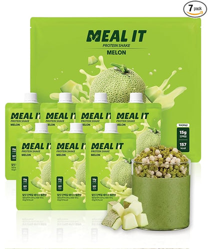Melon Protein Shake, 15g Protein & 7g High Fiber, Low Sugar, Keto-Friendly Meal Replacement powder with Cookie Crunch & Oat Crunch Balls (7 Packs, 1.41 oz Each)
