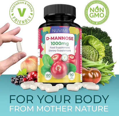 D Mannose 180 Capsules - 1000 mg per Dose - Dietary Supplement Helps Promote Urinary Tract Health - Natural Vegan UTI Defense