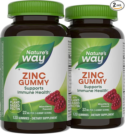 Nature's Way Zinc Gummies, Adult & Kids 9+ Immune Support Gummies*, 100% Daily Value per Serving, Mixed Berry Flavor, 120 Chews (Set of 2)